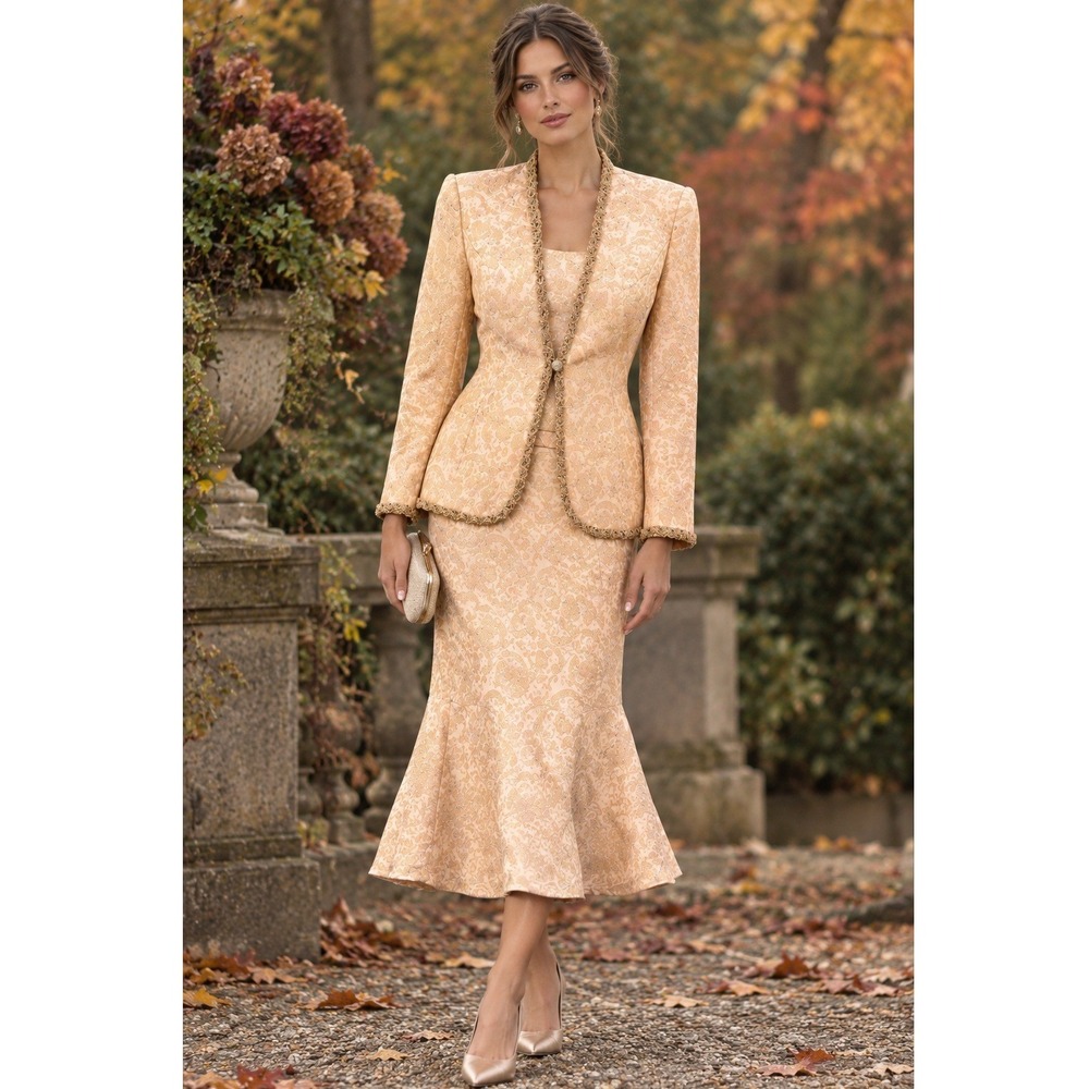Milano Skirt Suit Set Peach Jacquard Beaded Trim Mermaid Skirt Size 18 Formal